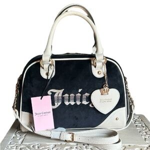 Juicy Couture Retro Vibe Satchel Crossbody Liquorice Black Velour & Cream NWT